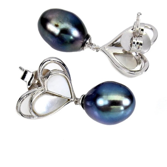 Earrings Natural Drop Pearl 11x8mm Mother of Pearl Heart - Picture 3 of 3